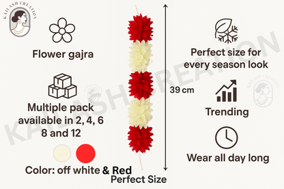 Reusable Artificial Mogra Flower Hair Garland for Women - Off White and Red - 15 Inches