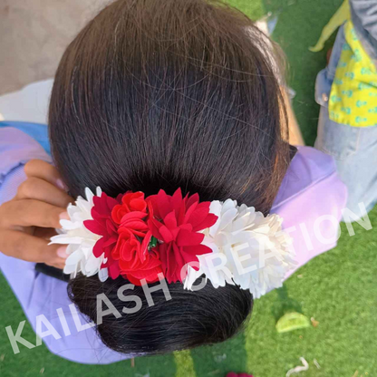 Reusable Artificial Mogra Flower Hair Garland for Women - Off White and Red - 15 Inches