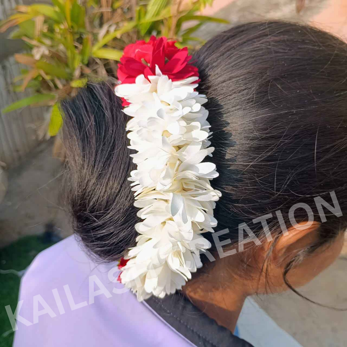 Reusable Artificial Mogra Flower Hair Garland for Women - Off White and Red - 15 Inches
