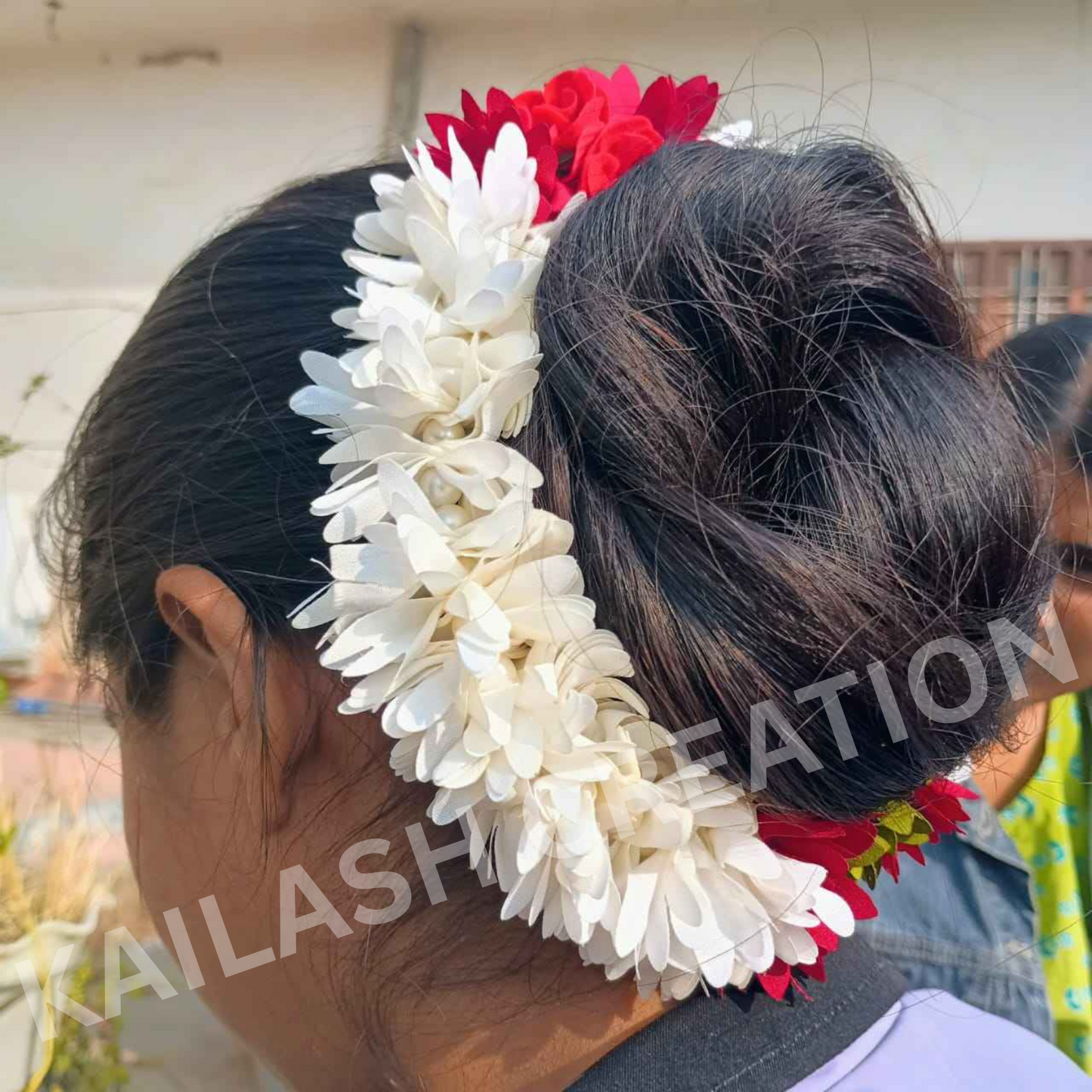 Reusable Artificial Mogra Flower Hair Garland for Women - Off White and Red - 15 Inches