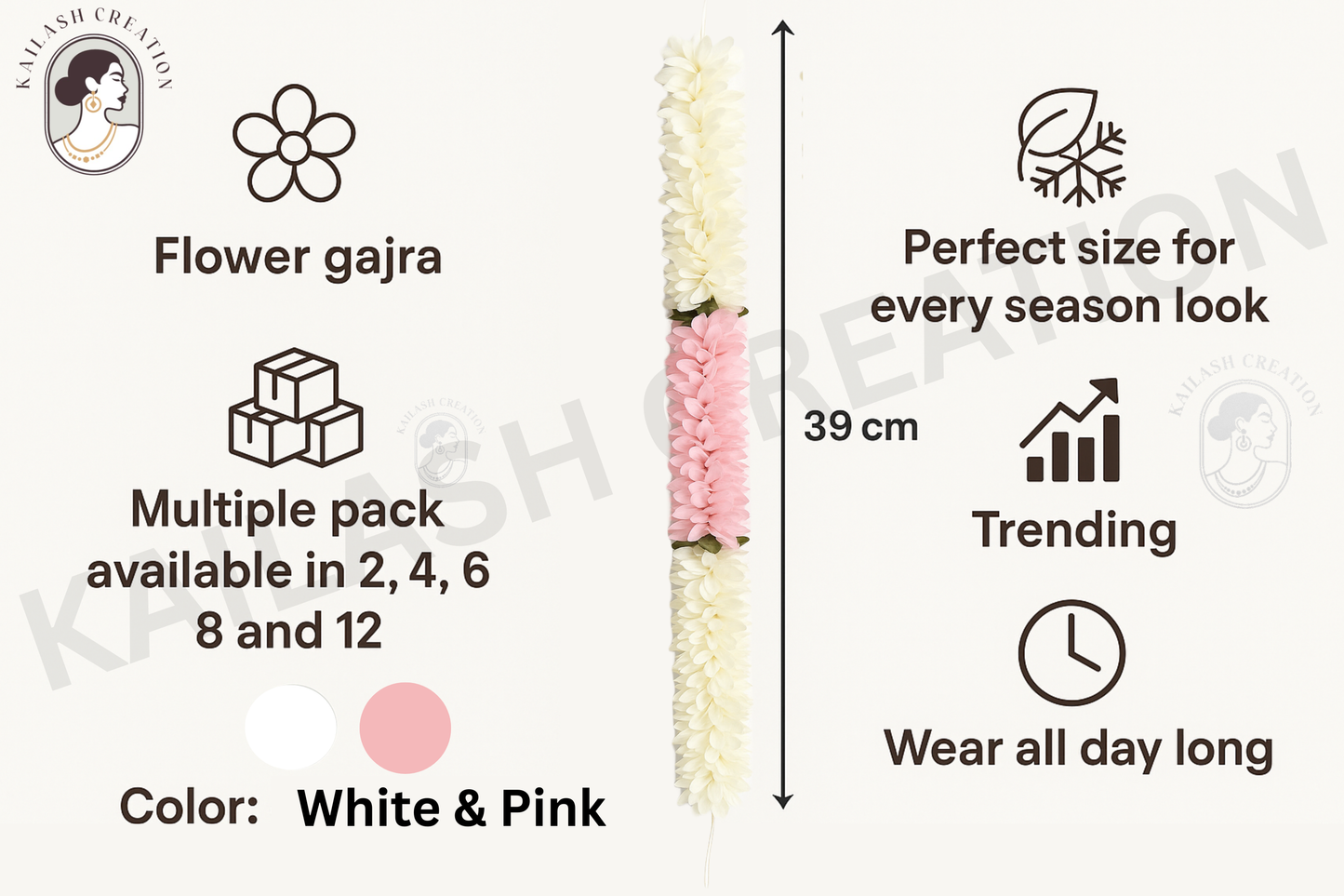 Reusable Artificial Mogra Flower Hair Garland for Women - Pink - 15 Inches