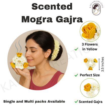 Artificial Mogra Gajra with Scented Jasmine Yellow Flower for Hair Bun & Braids
