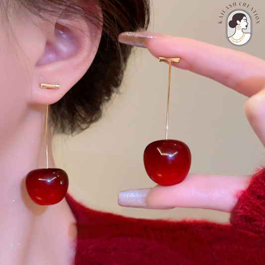 Cute Red Cherry Drop Earrings – Gold Dangle Fruit Style for Women & Girls