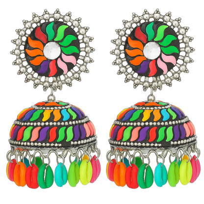 Colorful Enamel Dome Jhumki Earrings with Mirror Stud & Hanging Beads