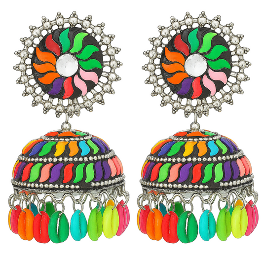 Colorful Enamel Dome Jhumki Earrings with Mirror Stud & Hanging Beads