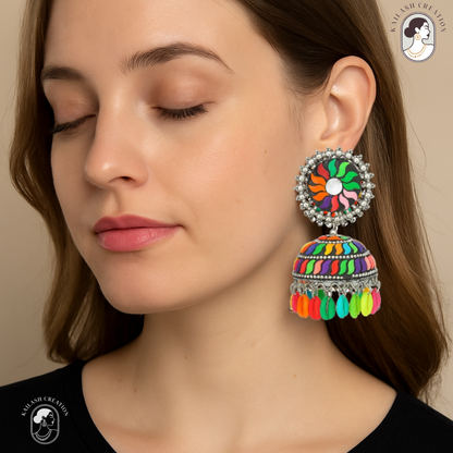 Colorful Enamel Dome Jhumki Earrings with Mirror Stud & Hanging Beads