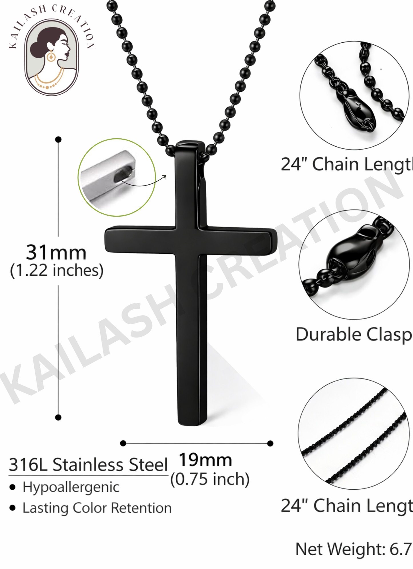 Christian Cross Black Anti Tarnish Pendant for Men and Boys Stylish