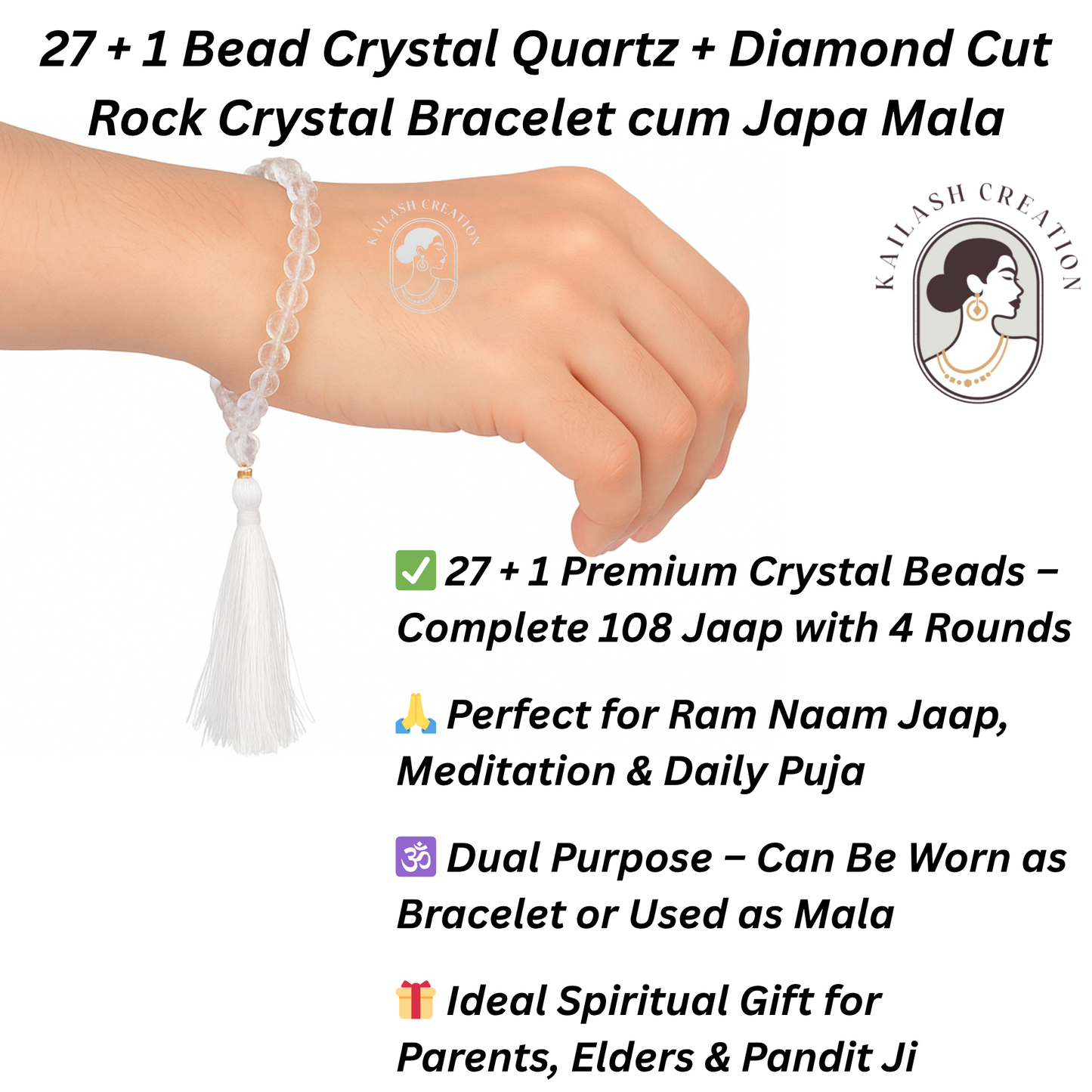 Crystal Quartz Stone Elastic Japa Mala Bracelet for Men & Women