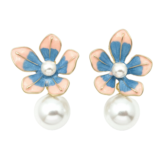 Floral Enamel Pearl Drop Earrings for Women & Girls Stylish