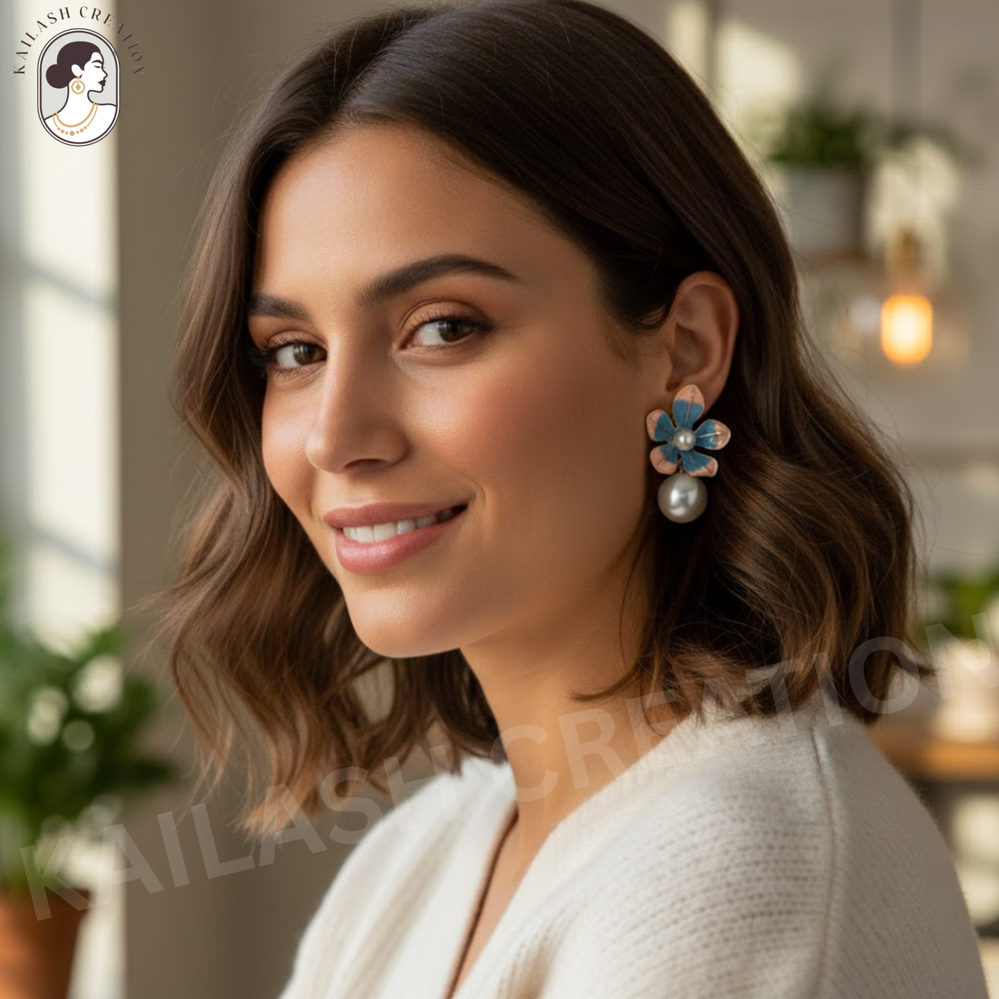 Floral Enamel Pearl Drop Earrings for Women & Girls Stylish