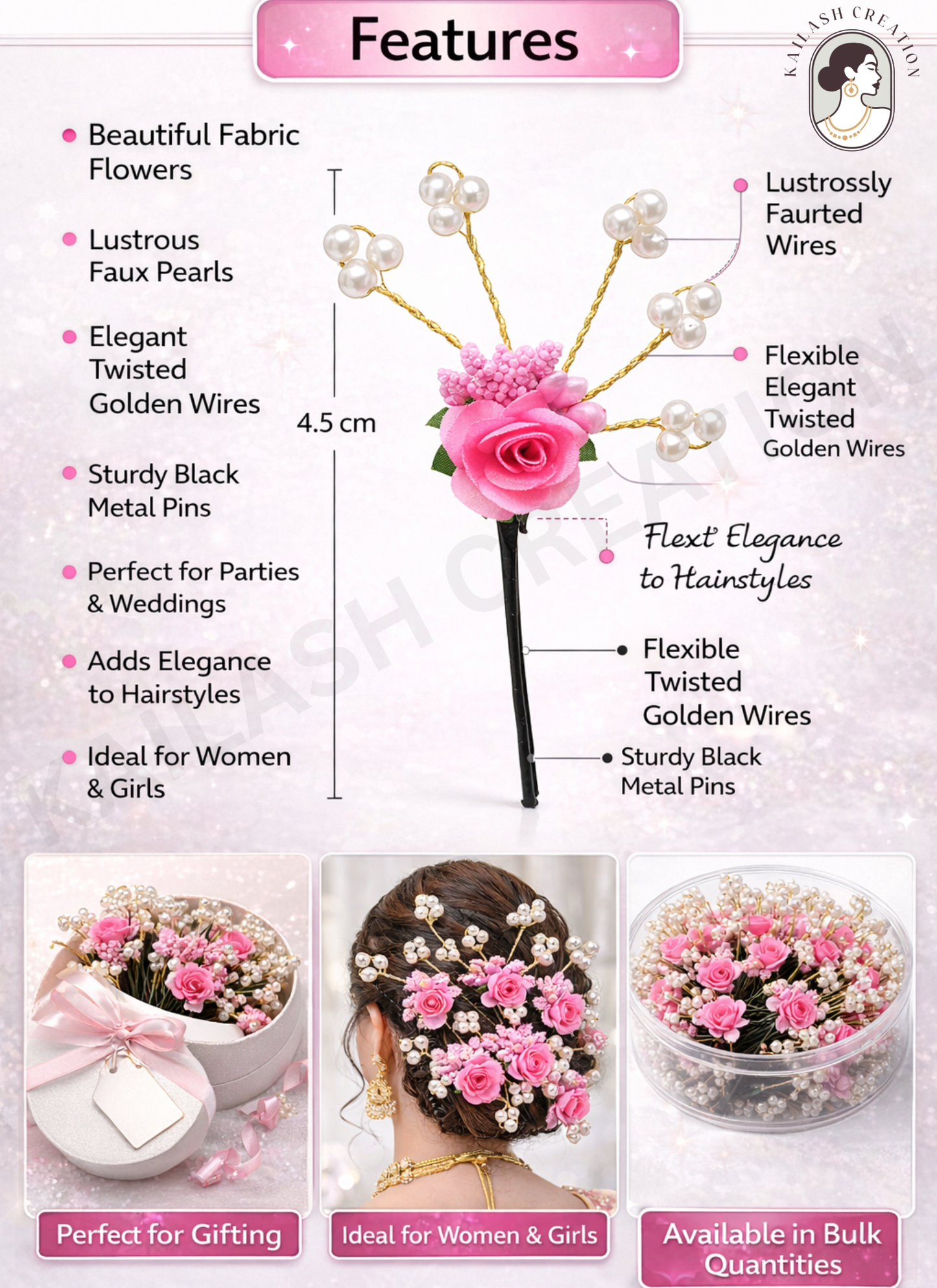Flower Juda Hair Pins for Women & Girls Stylish - Pack of 6