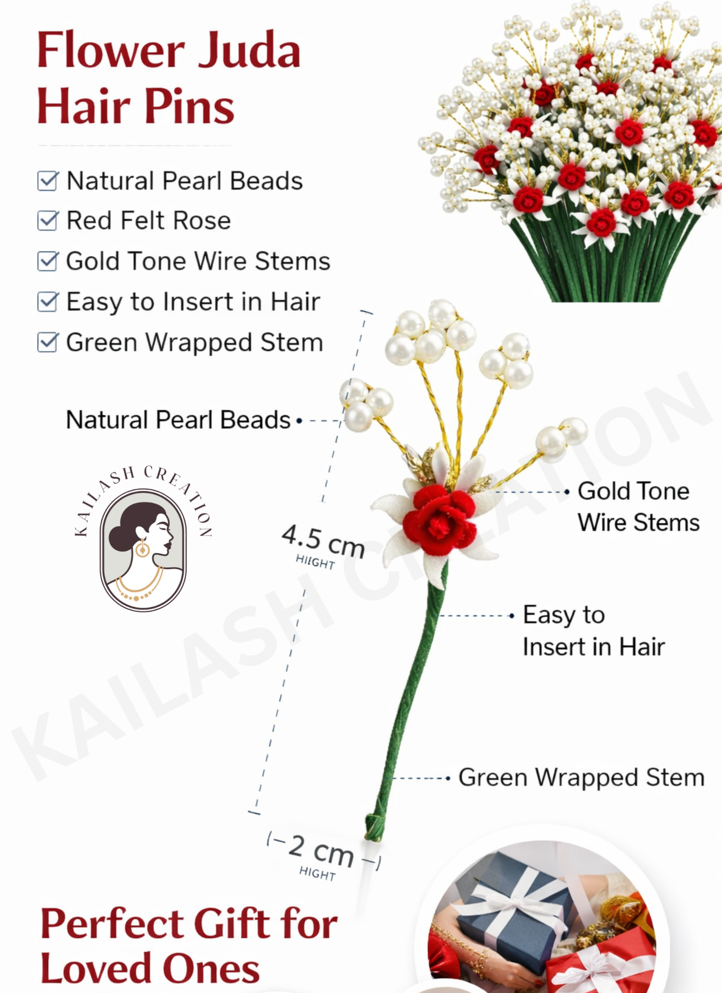 Red Flower Juda Hair Pins for Women & Girls Stylish - Pack of 6