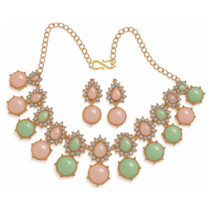 Rose Gold Tone Oval Pastel Stone Necklace & Earring Set for Women & Girls
