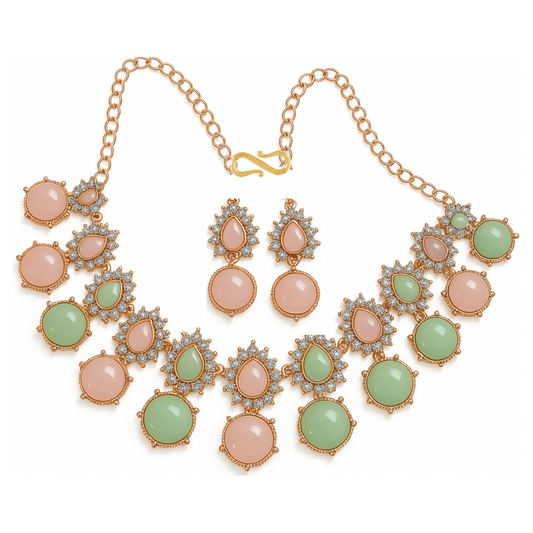 Rose Gold Tone Oval Pastel Stone Necklace & Earring Set for Women & Girls