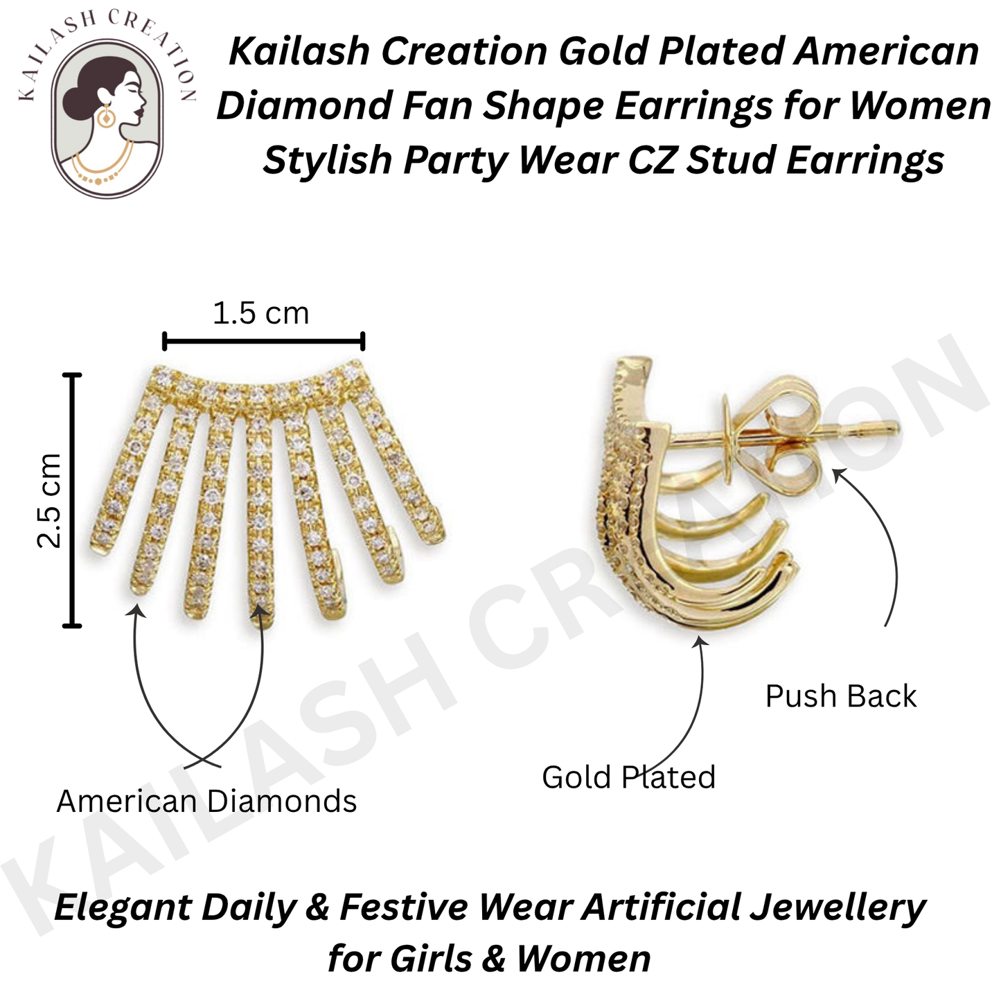 American Diamond Gold Plated Stud Earrings for Women Stylish