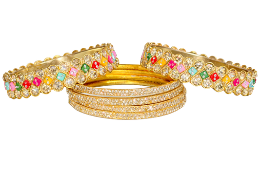 Gold Plated Multicolor Stone Bracelet & Bangle Set for Women & Girls