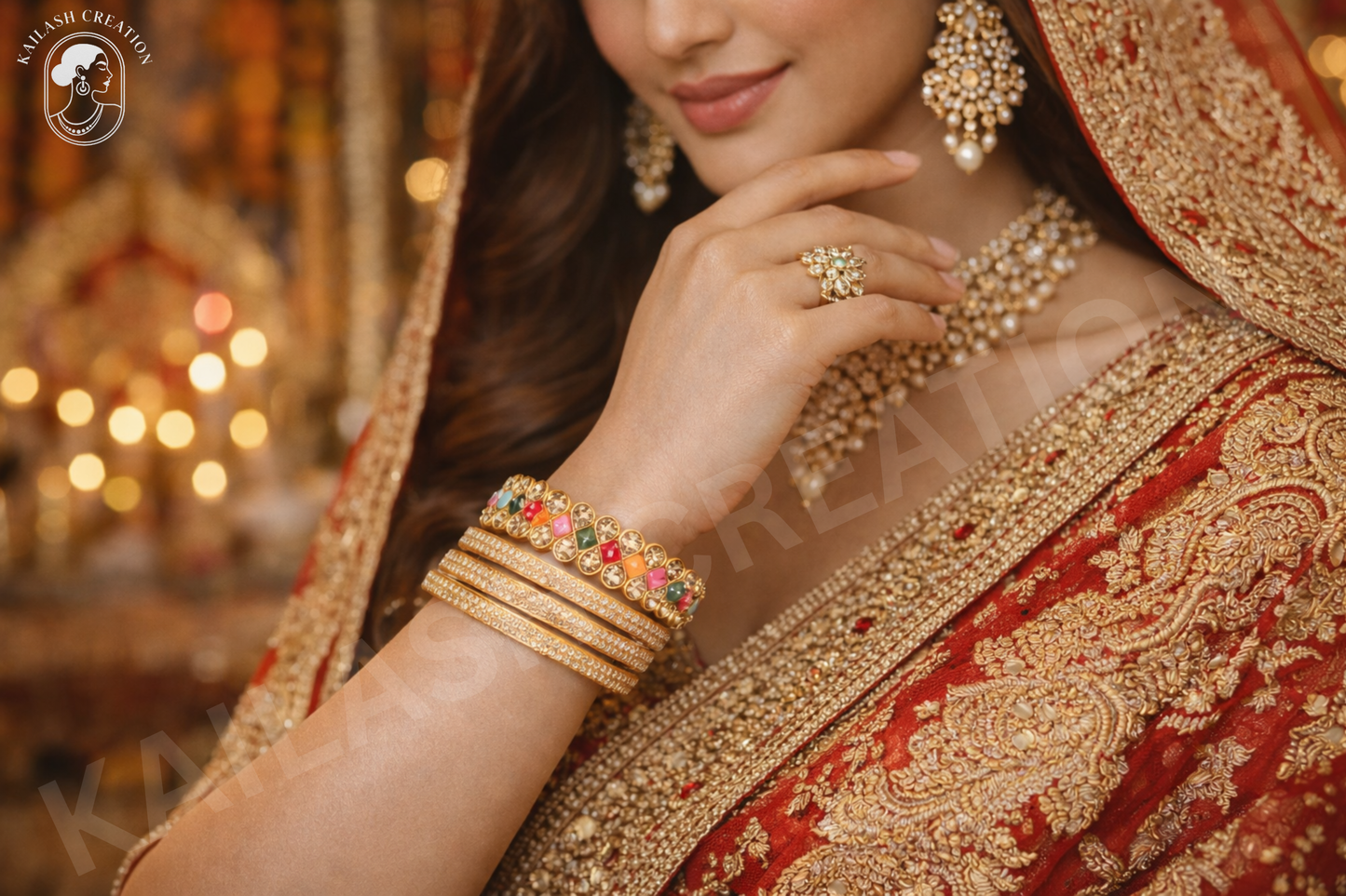 Gold Plated Multicolor Stone Bracelet & Bangle Set for Women & Girls