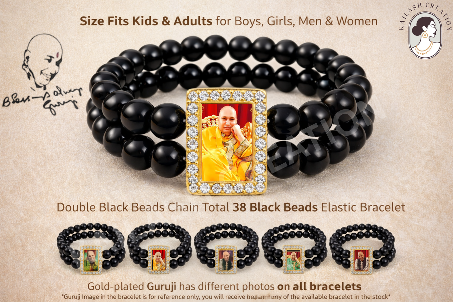 Jai Guruji Black Beads Bracelet with Gold Plated Photo for Men & Women