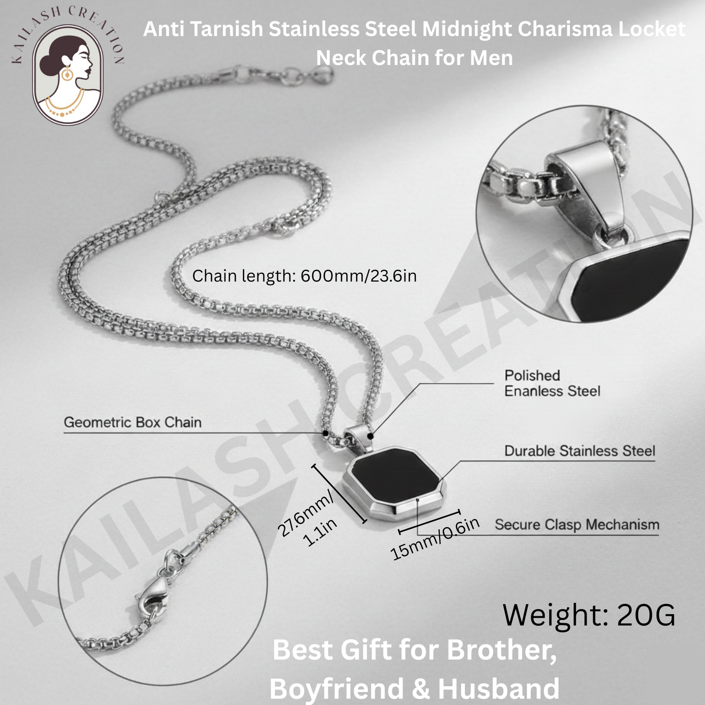 Anti Tarnish Stainless Steel Black Geometric Pendant Chain for Men and Boys