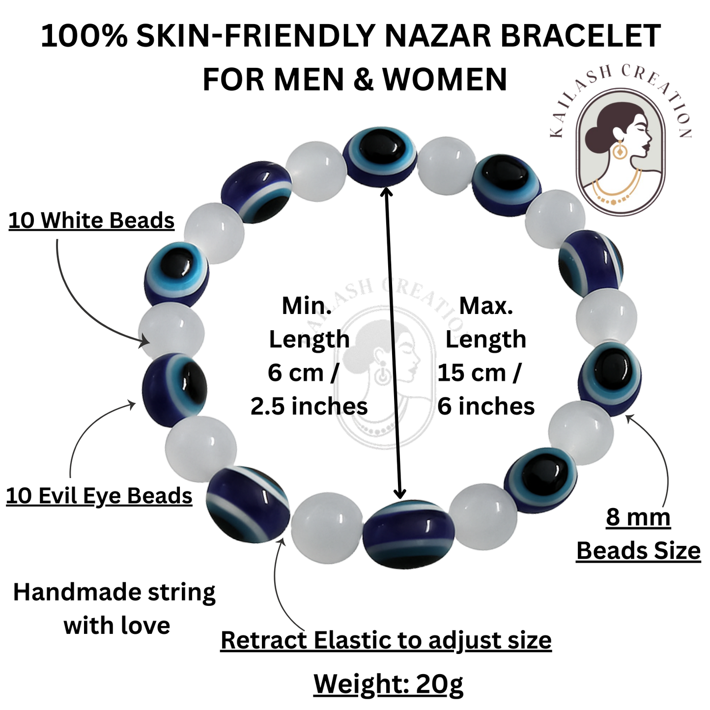 Black and Milky Evil Eye Bracelet for Men & Women