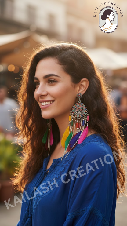 Multicolor Boho Feather Jhumki Earrings for Women and Girls Stylish