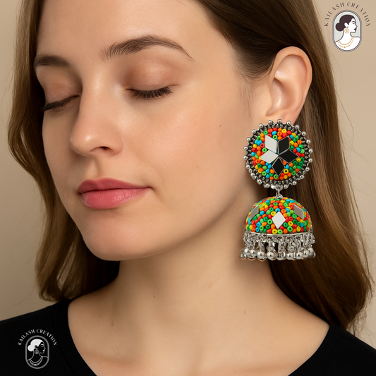 Multicolor Jhumki Earrings with Mirror Work and Ghungroos