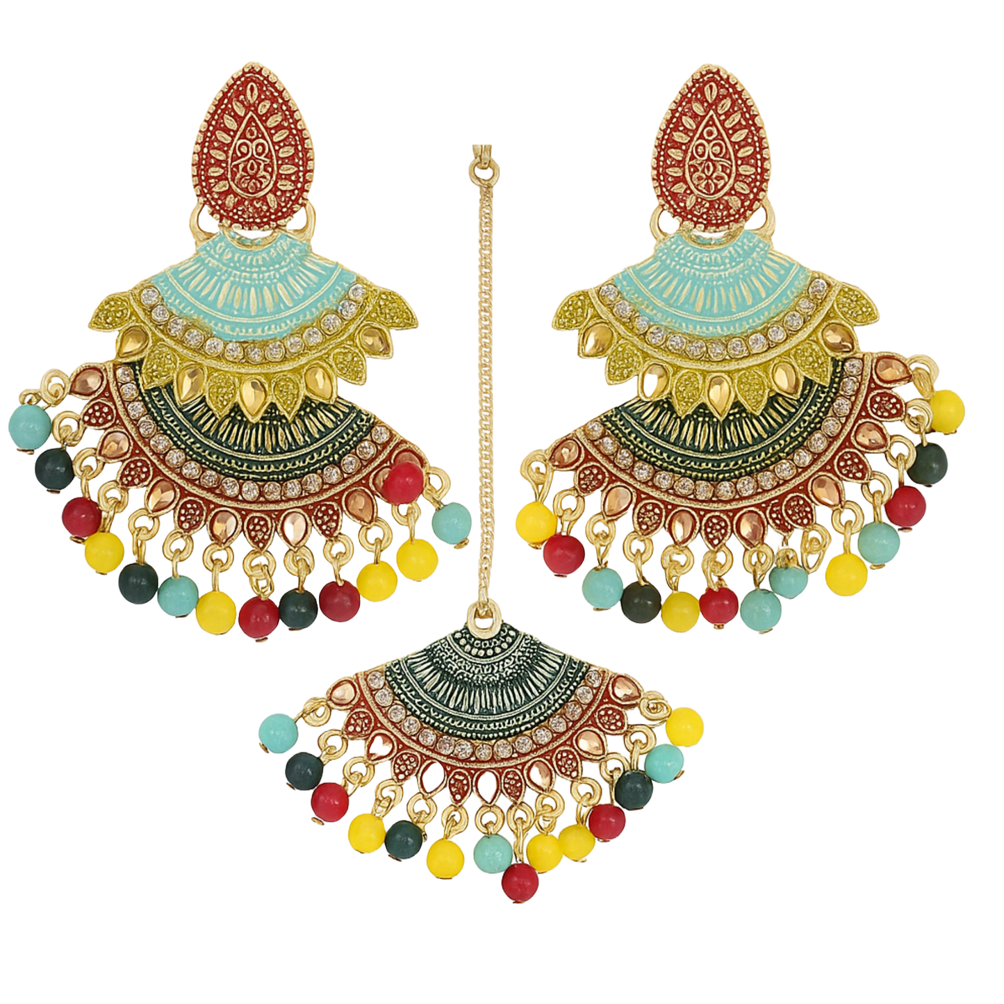 Gold Plated Multicolor Big Chandbali Jhumka Earrings with Maang Tikka Set for Women