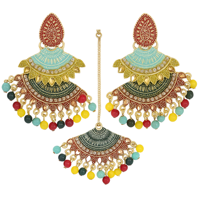 Gold Plated Multicolor Big Chandbali Jhumka Earrings with Maang Tikka Set for Women