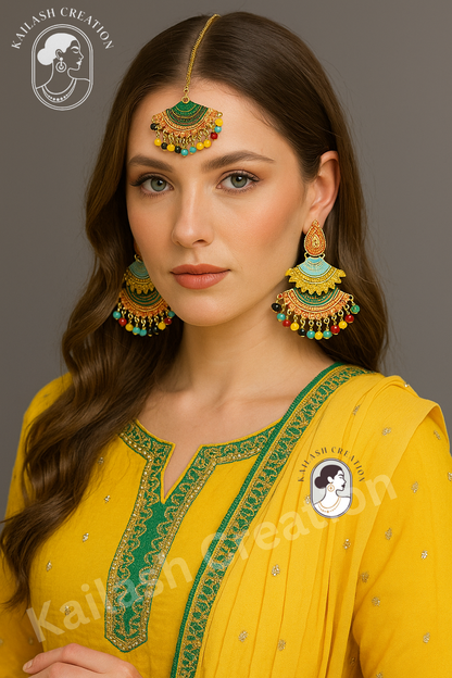 Gold Plated Multicolor Big Chandbali Jhumka Earrings with Maang Tikka Set for Women