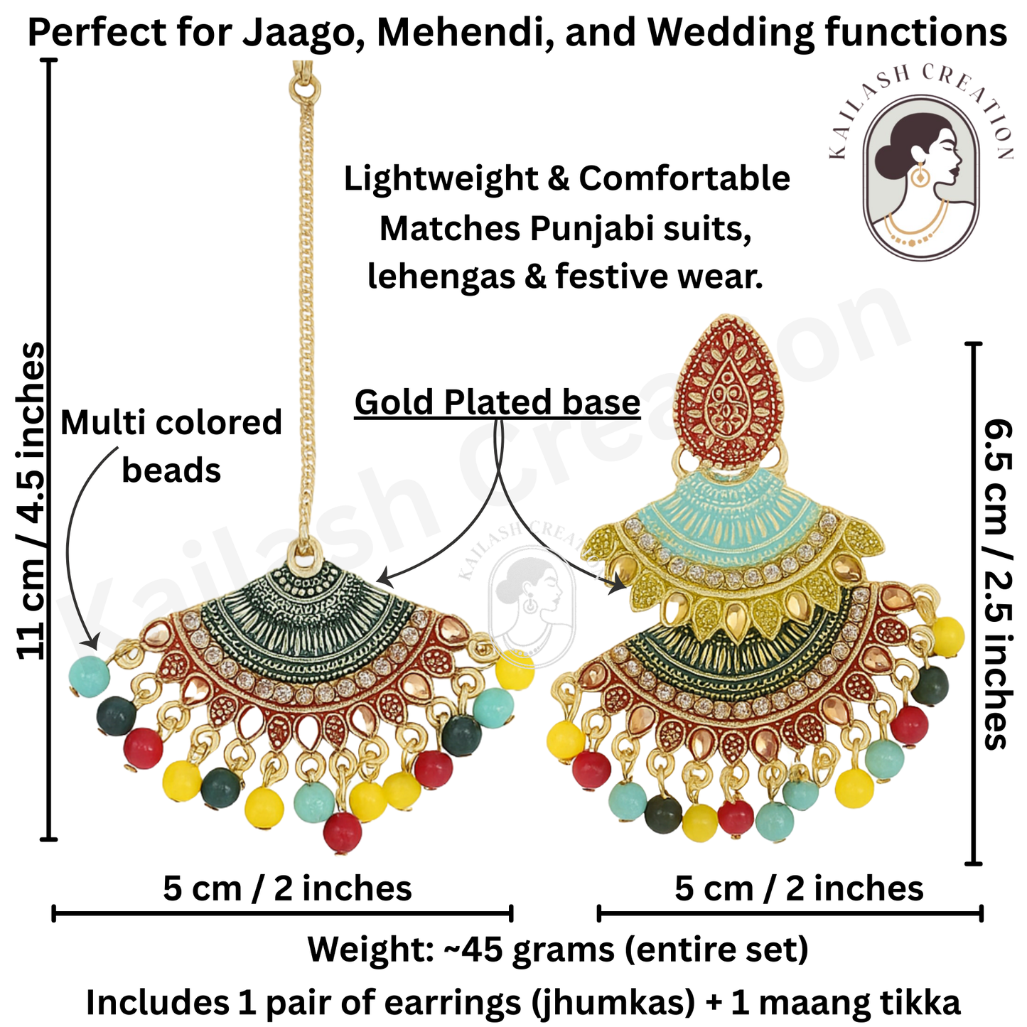 Gold Plated Multicolor Big Chandbali Jhumka Earrings with Maang Tikka Set for Women