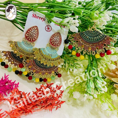 Gold Plated Multicolor Big Chandbali Jhumka Earrings with Maang Tikka Set for Women