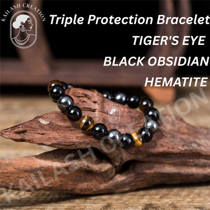 Unisex Tiger Eye Triple Protection Bracelet with Hematite & Black Obsidian