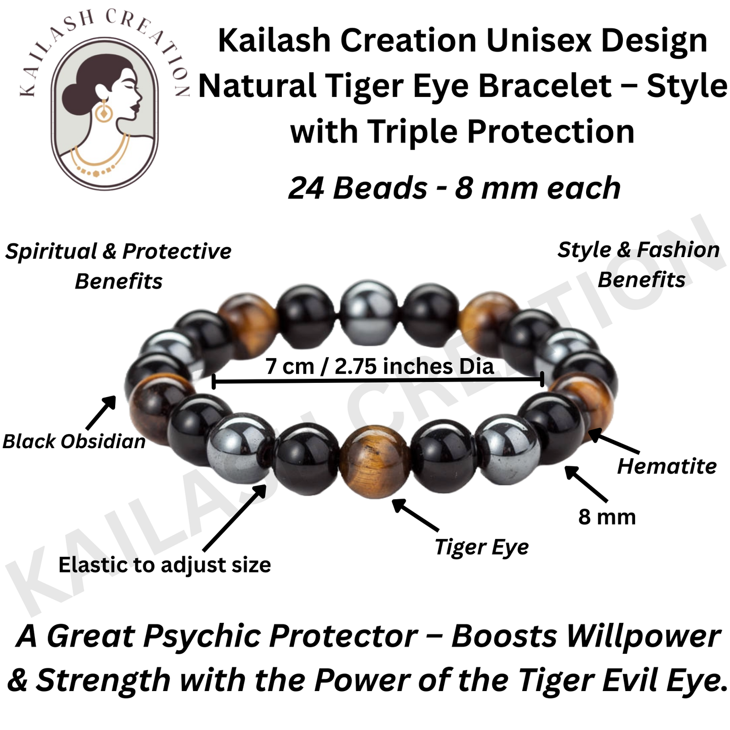 Unisex Tiger Eye Triple Protection Bracelet with Hematite & Black Obsidian