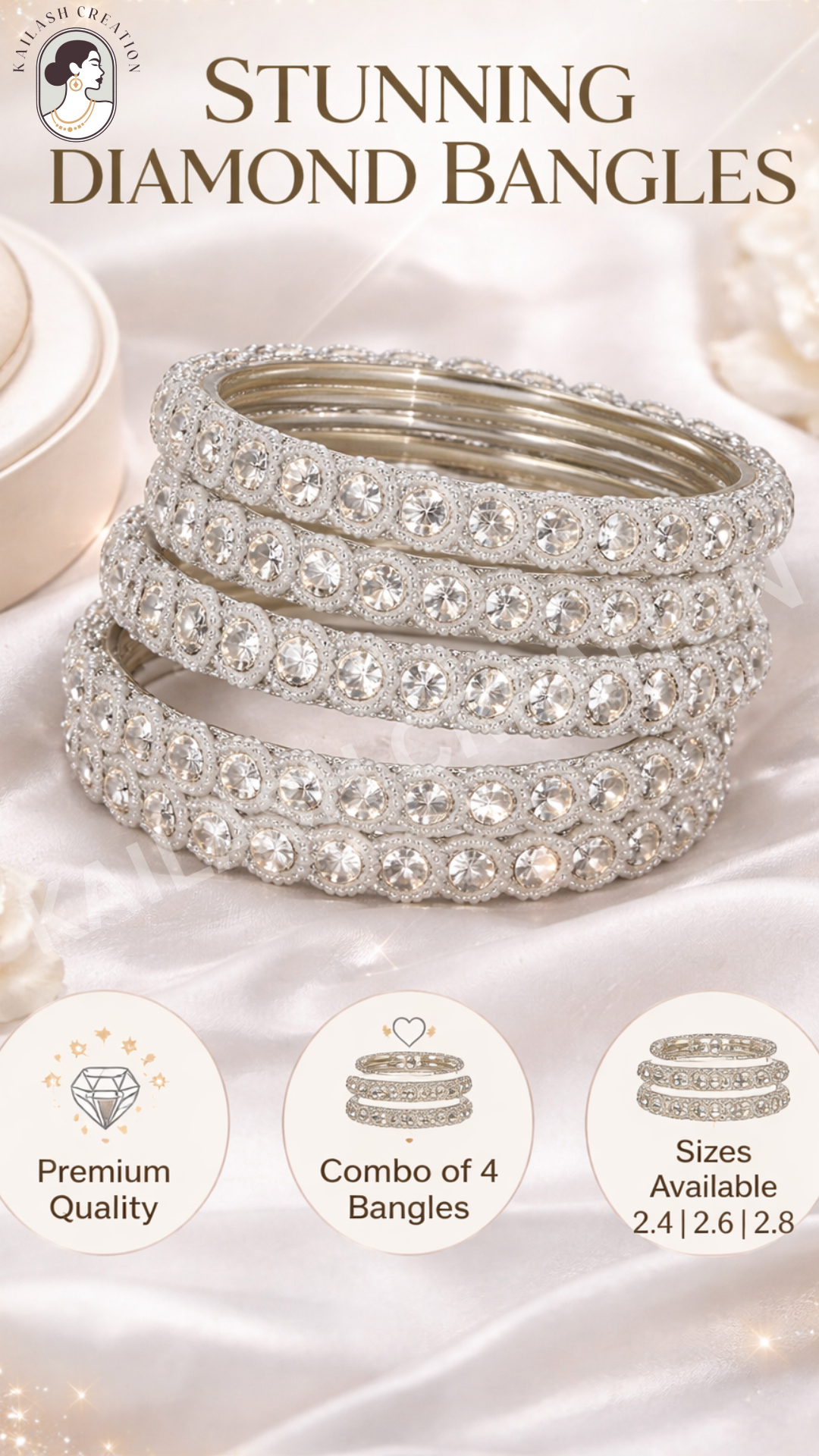 Silver Pearl Beaded Diamond Look Bangles Combo of 4 for Women