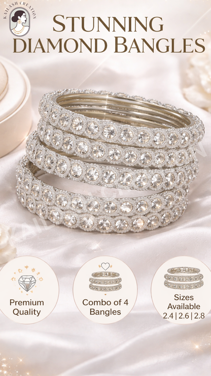 Silver Pearl Beaded Diamond Look Bangles Combo of 4 for Women