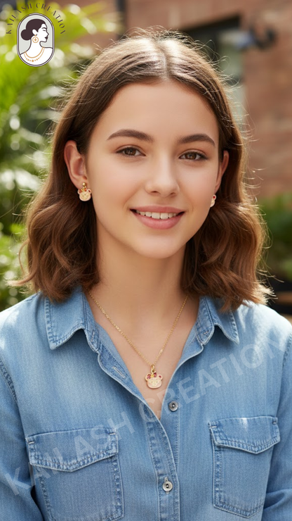 Cute Bear Pendant Necklace & Earring Set for Girls | Gold Plated Fashion Jewelry