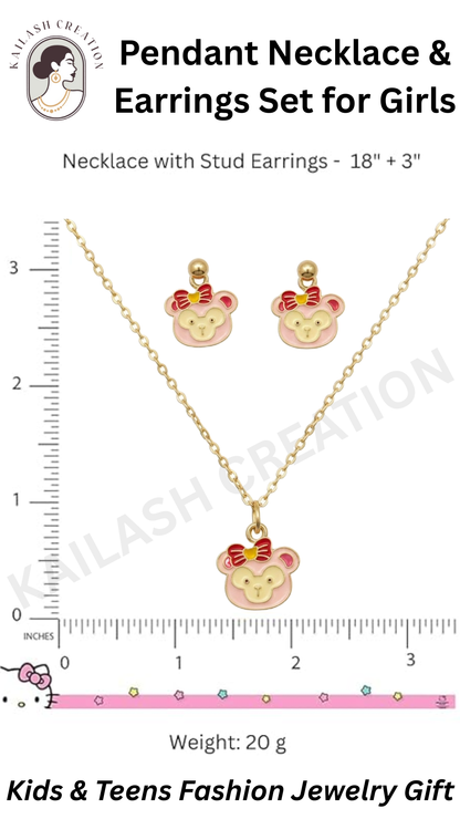Cute Bear Pendant Necklace & Earring Set for Girls | Gold Plated Fashion Jewelry