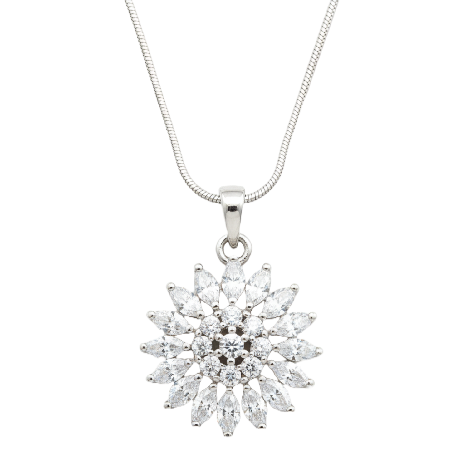 Sunburst Flower CZ Diamond 18 inches Silver Plated Chain Pendant for women and Girls
