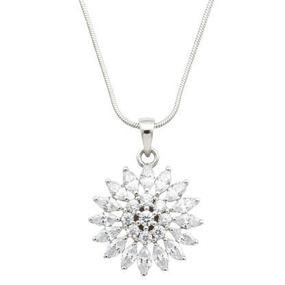 Sunburst Flower CZ Diamond 18 inches Silver Plated Chain Pendant for women and Girls