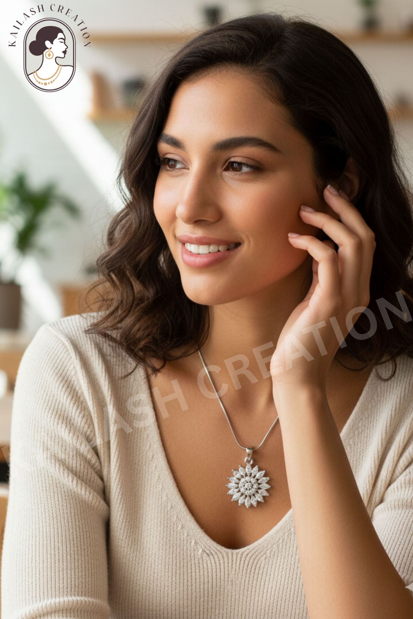 Sunburst Flower CZ Diamond 18 inches Silver Plated Chain Pendant for women and Girls