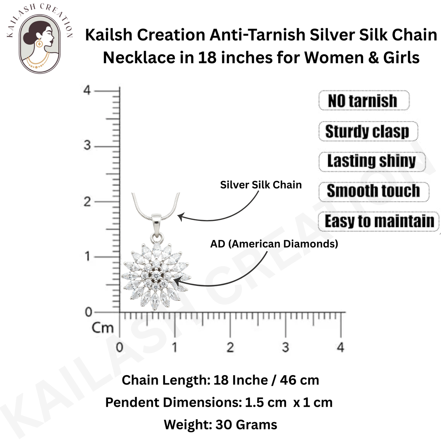 Sunburst Flower CZ Diamond 18 inches Silver Plated Chain Pendant for women and Girls