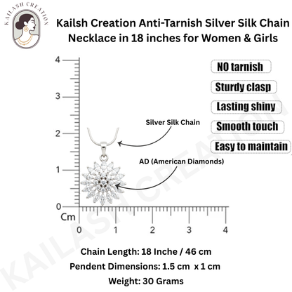 Sunburst Flower CZ Diamond 18 inches Silver Plated Chain Pendant for women and Girls