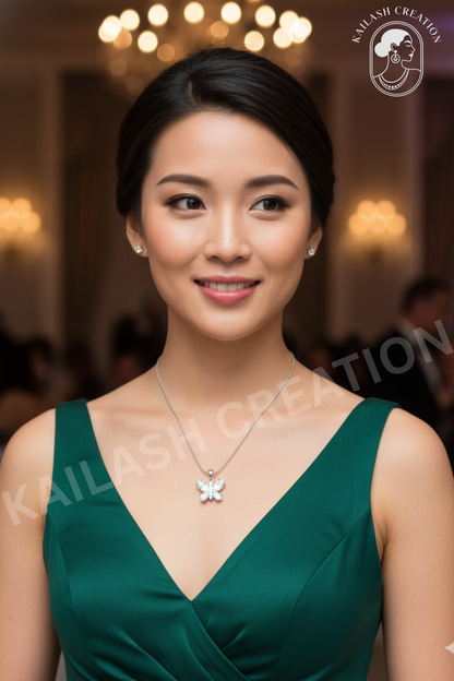 Butterfly Grace CZ Diamond 18 inches Silver Plated Chain Pendant for women and Girls