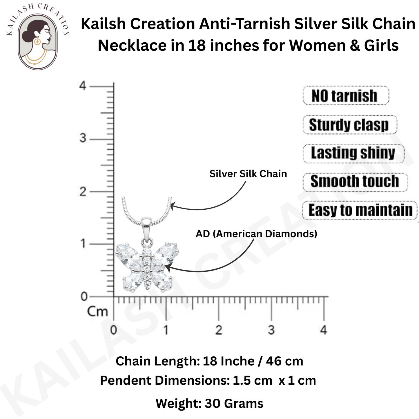 Butterfly Grace CZ Diamond 18 inches Silver Plated Chain Pendant for women and Girls