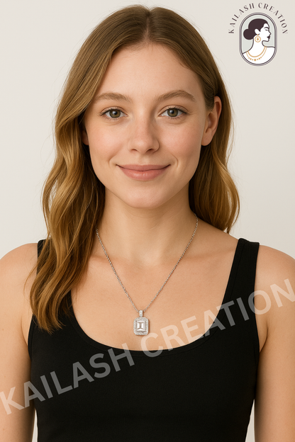 Halo Cut Designs CZ Diamond 18 inches Silver Plated Chain Pendant for women and Girls