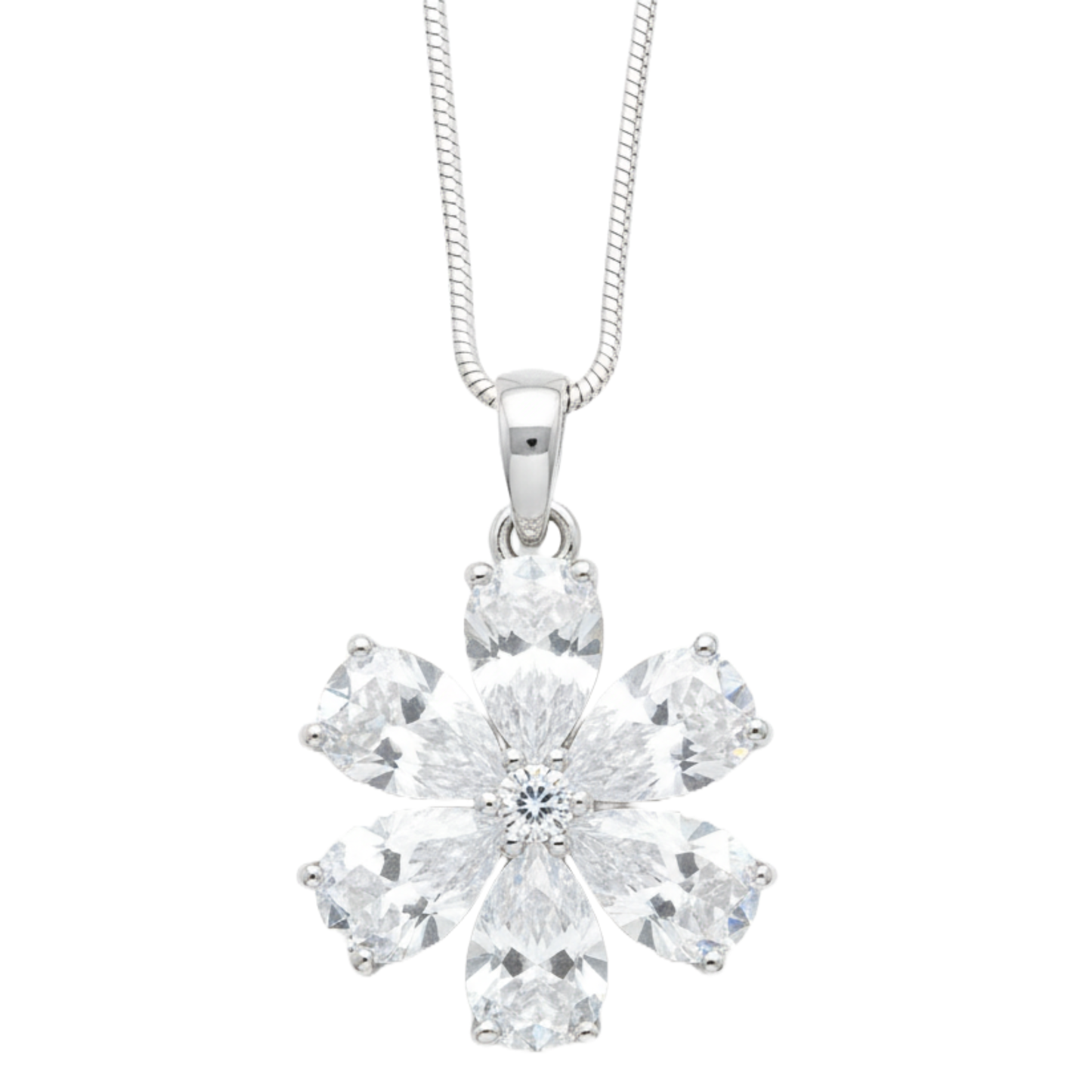 Six Petal Flower CZ Diamond 18 inches Silver Plated Chain Pendant for women and Girls
