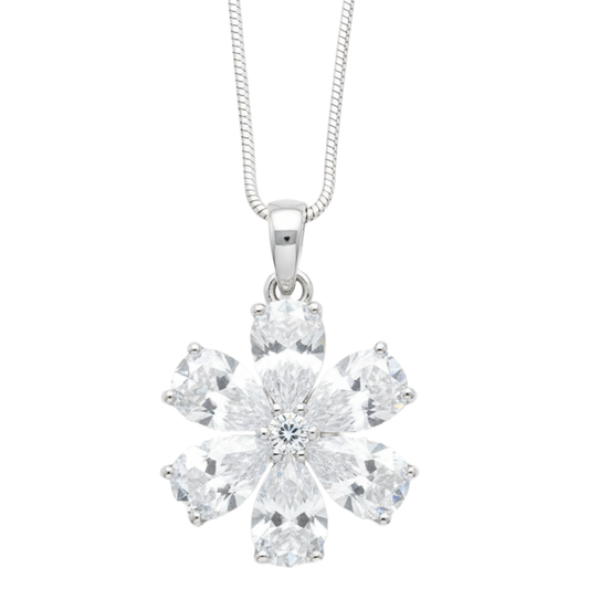 Six Petal Flower CZ Diamond 18 inches Silver Plated Chain Pendant for women and Girls