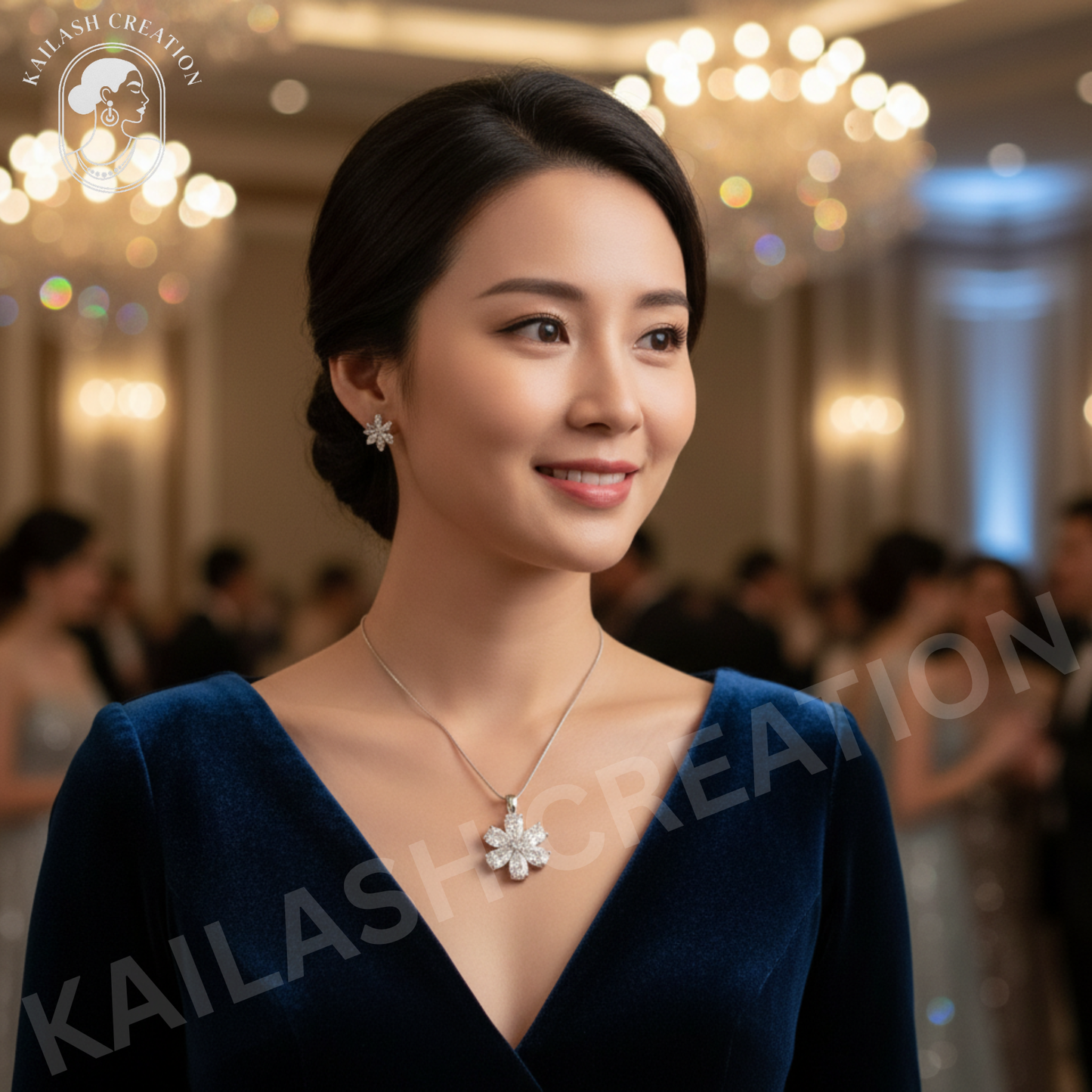 Six Petal Flower CZ Diamond 18 inches Silver Plated Chain Pendant for women and Girls