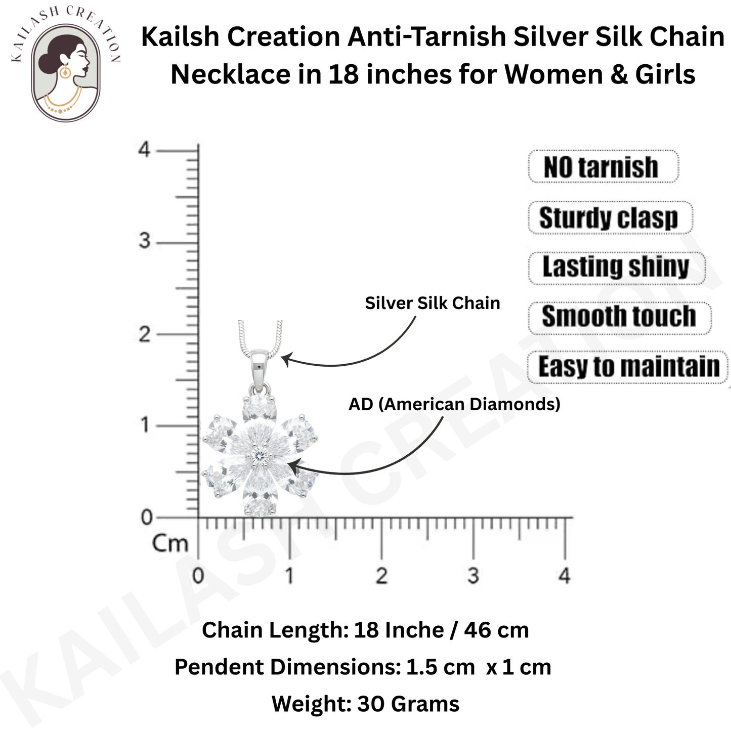 Six Petal Flower CZ Diamond 18 inches Silver Plated Chain Pendant for women and Girls