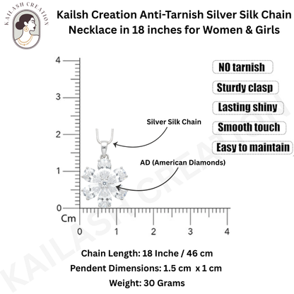 Six Petal Flower CZ Diamond 18 inches Silver Plated Chain Pendant for women and Girls